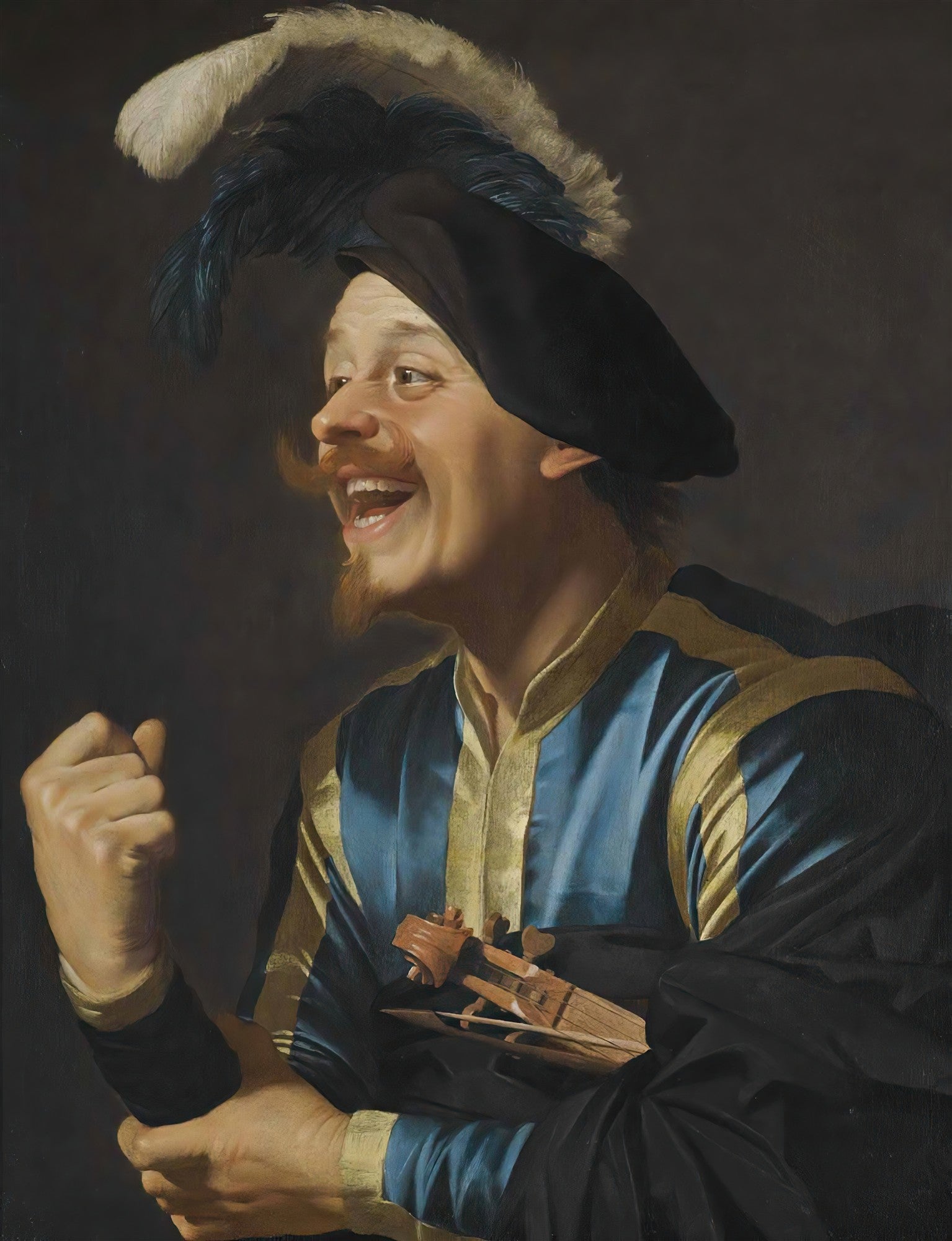 Retrato em óleo de um homem sorridente com chapéu emplumado e violino, obra de Gerard van Honthorst