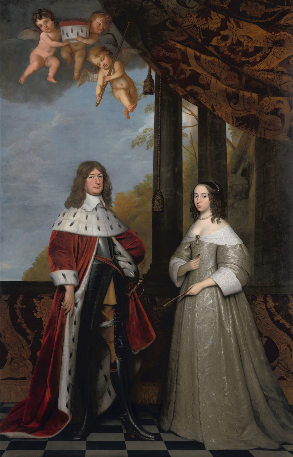 Retrato de casal nobre, Sir Thomas Hanmer e Elizabeth Drydon, pintado por Gerard van Honthorst. O homem veste manto vermelho e armadura, a mulher um vestido cinza esverdeado, ambos sob um dossel com anjos no céu. Estilo barroco.