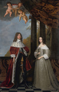 Retrato de casal nobre, Sir Thomas Hanmer e Elizabeth Drydon, pintado por Gerard van Honthorst. O homem veste manto vermelho e armadura, a mulher um vestido cinza esverdeado, ambos sob um dossel com anjos no céu. Estilo barroco.