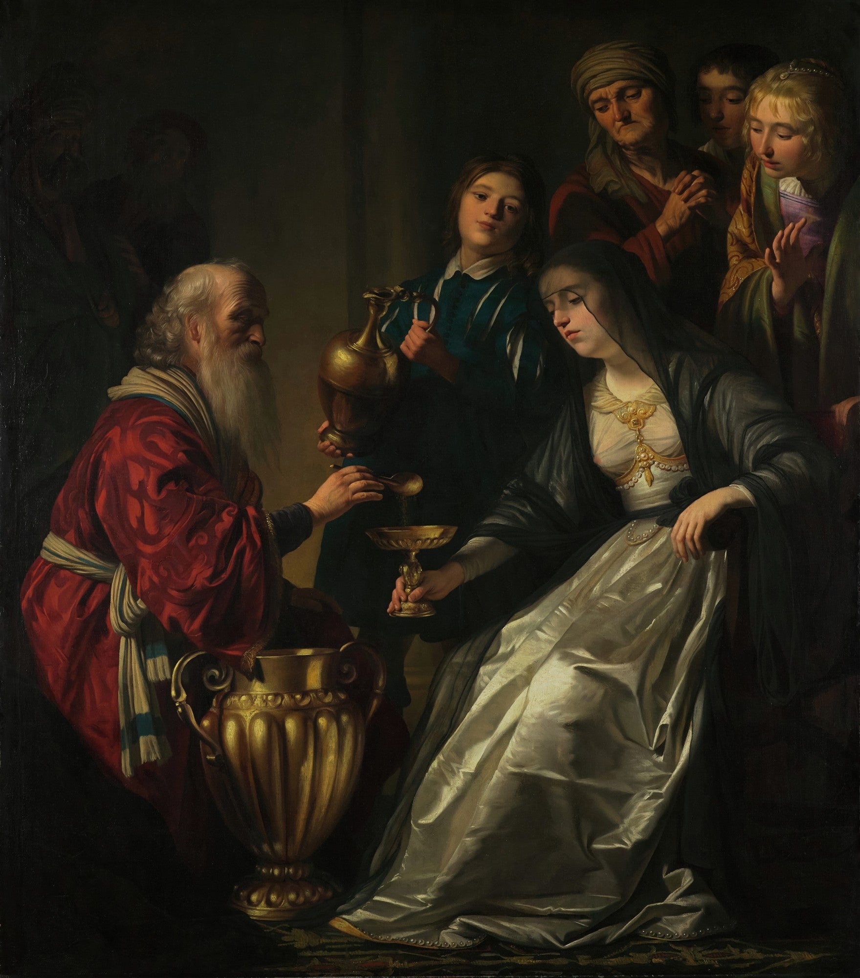 Quadro decorativo mostrando uma cena bíblica com um homem idoso barbudo em manto vermelho oferecendo algo em um cálice a uma mulher jovem de véu escuro, rodeados por outras figuras em segundo plano, com iluminação dramática estilo Gerard van Honthorst.