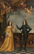 Retrato nupcial de Frederik Hendrik e Amalia van Solms, de Gerard van Honthorst, com cupidos e cortinas douradas