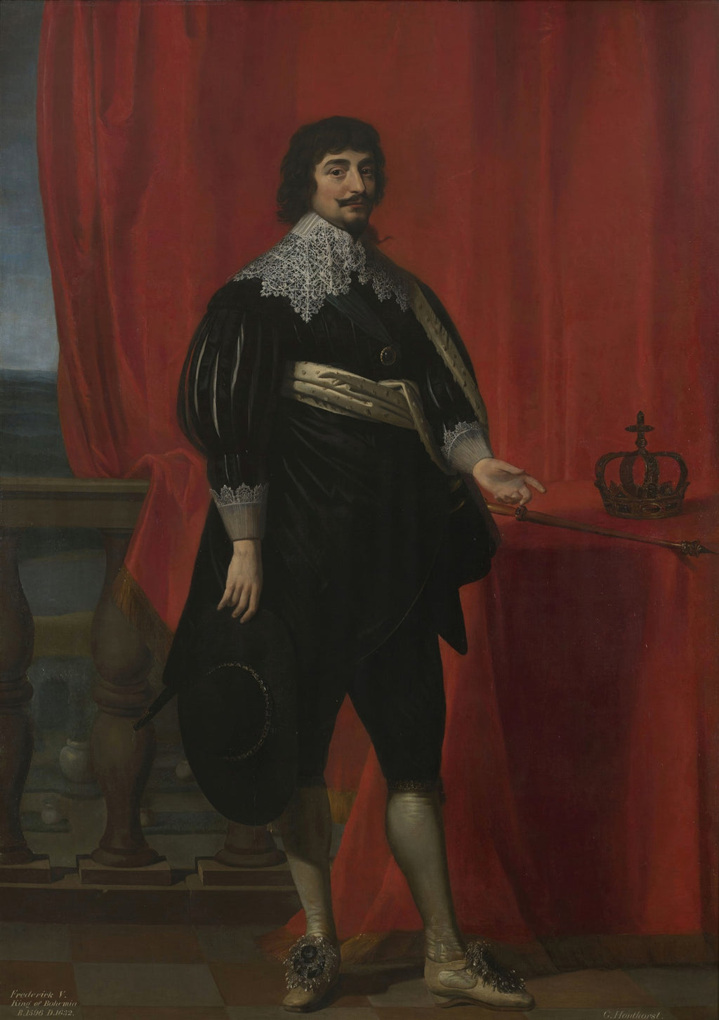 Retrato de Frederico V, Rei da Boêmia, pintado por Gerard van Honthorst. O rei está em pé, vestindo roupas de época escuras e elaboradas com renda branca, com uma coroa e cetro à direita, sobre um fundo vermelho vibrante.