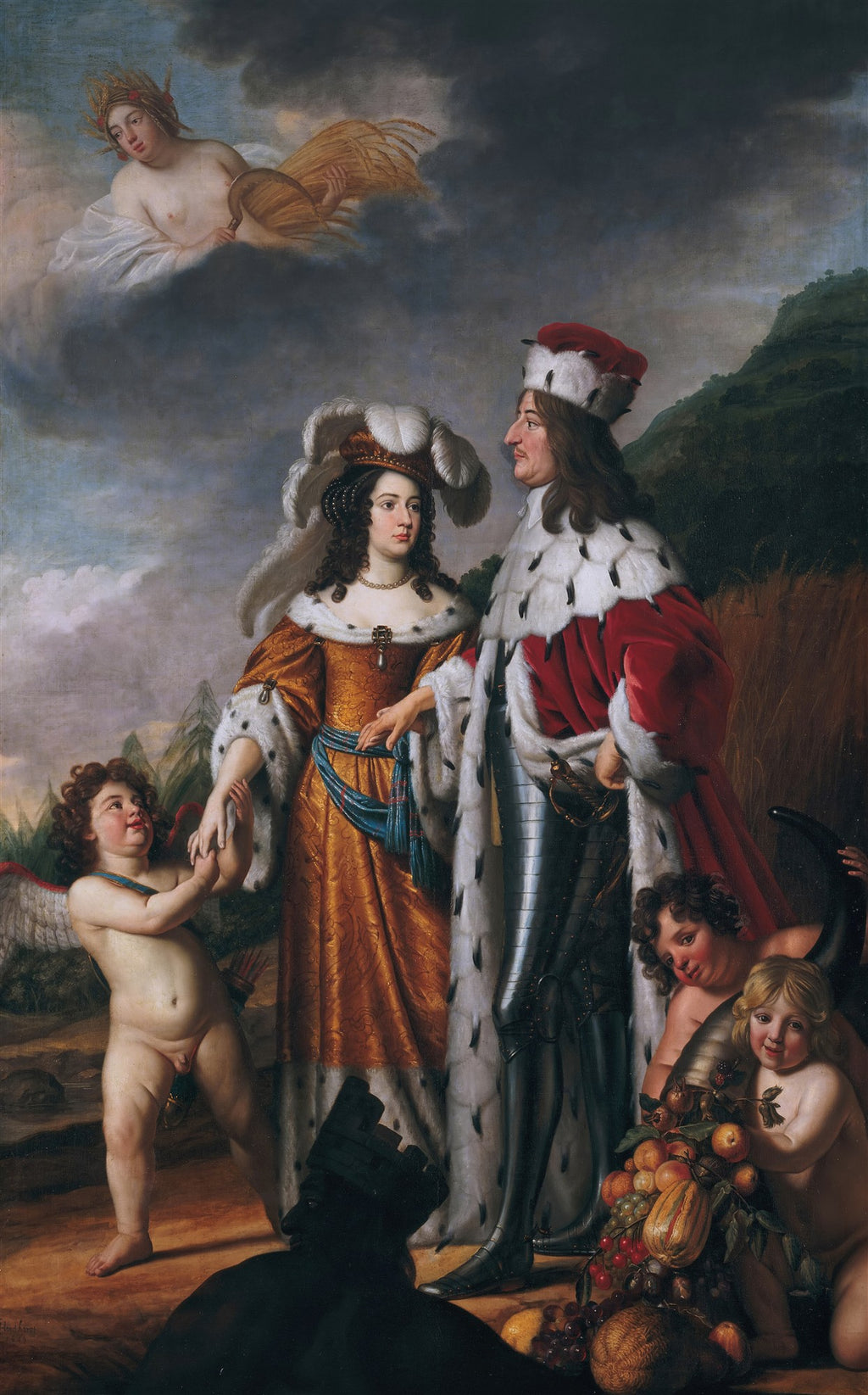 Retrato alegórico de William II e Mary Stuart, por Gerard van Honthorst, com figuras celestiais e cupidos, em estilo barroco. Cores ricas e iluminação dramática.