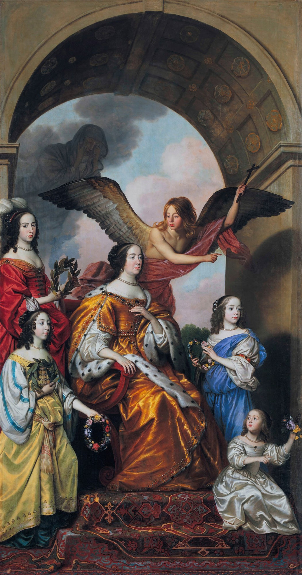 Retrato de Amalia van Solms e suas filhas, obra barroca de Gerard van Honthorst, com figuras em vestes luxuosas e um anjo no topo