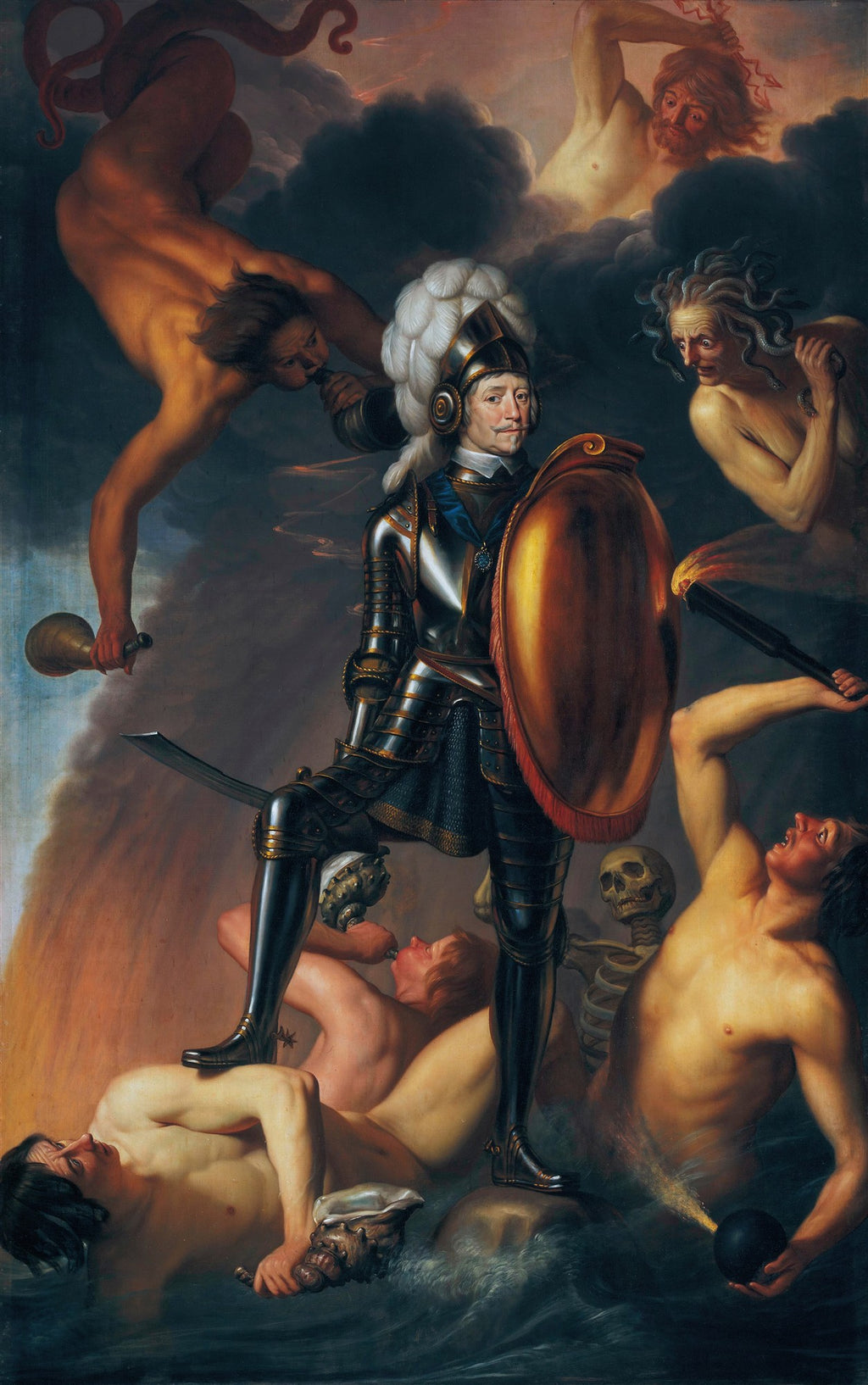 Retrato alegórico do Príncipe Frederico Henrique de Orange como conquistador, pisando sobre figuras mitológicas e esqueletos, com escudo e espada, em meio a nuvens escuras e água agitada, em pintura barroca de Gerard van Honthorst.