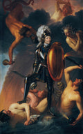 Retrato alegórico do Príncipe Frederico Henrique de Orange como conquistador, pisando sobre figuras mitológicas e esqueletos, com escudo e espada, em meio a nuvens escuras e água agitada, em pintura barroca de Gerard van Honthorst.