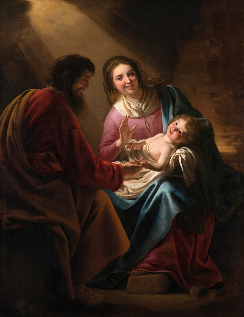 Quadro decorativo com a pintura 'A Adoração dos Pastores' de Gerard van Honthorst, mostrando Maria, José e o menino Jesus, iluminados por uma luz suave que emana do bebê.