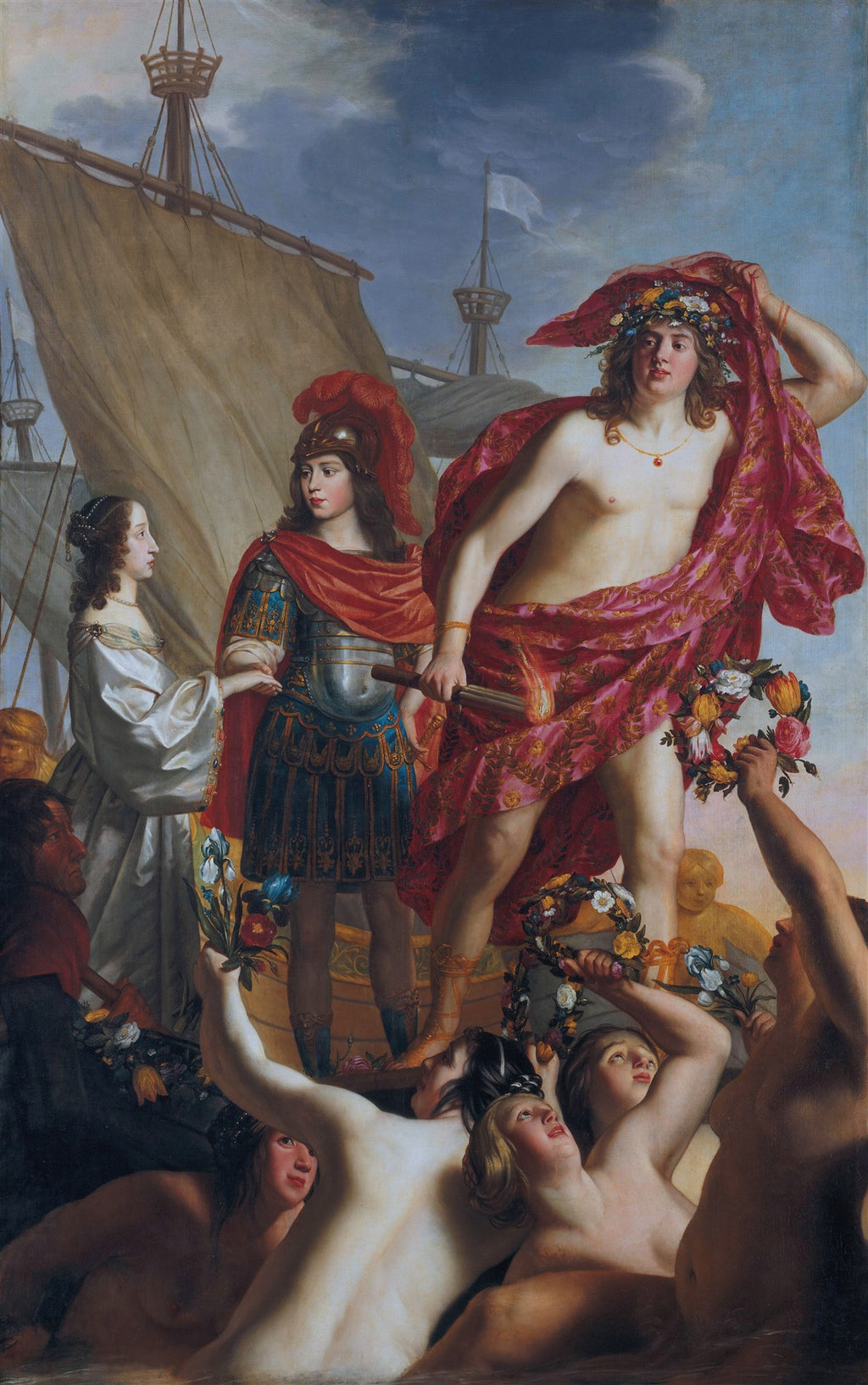 Quadro decorativo "A Chegada de Baco" de Gerard van Honthorst, representando figuras mitológicas em um navio, com Baco em destaque.