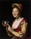 Retrato de mulher jovem sorridente com chapéu de penas vermelhas e amarelas, segurando um objeto misterioso em formato de ovo com uma figura nua. Atribuída a Gerard van Honthorst.