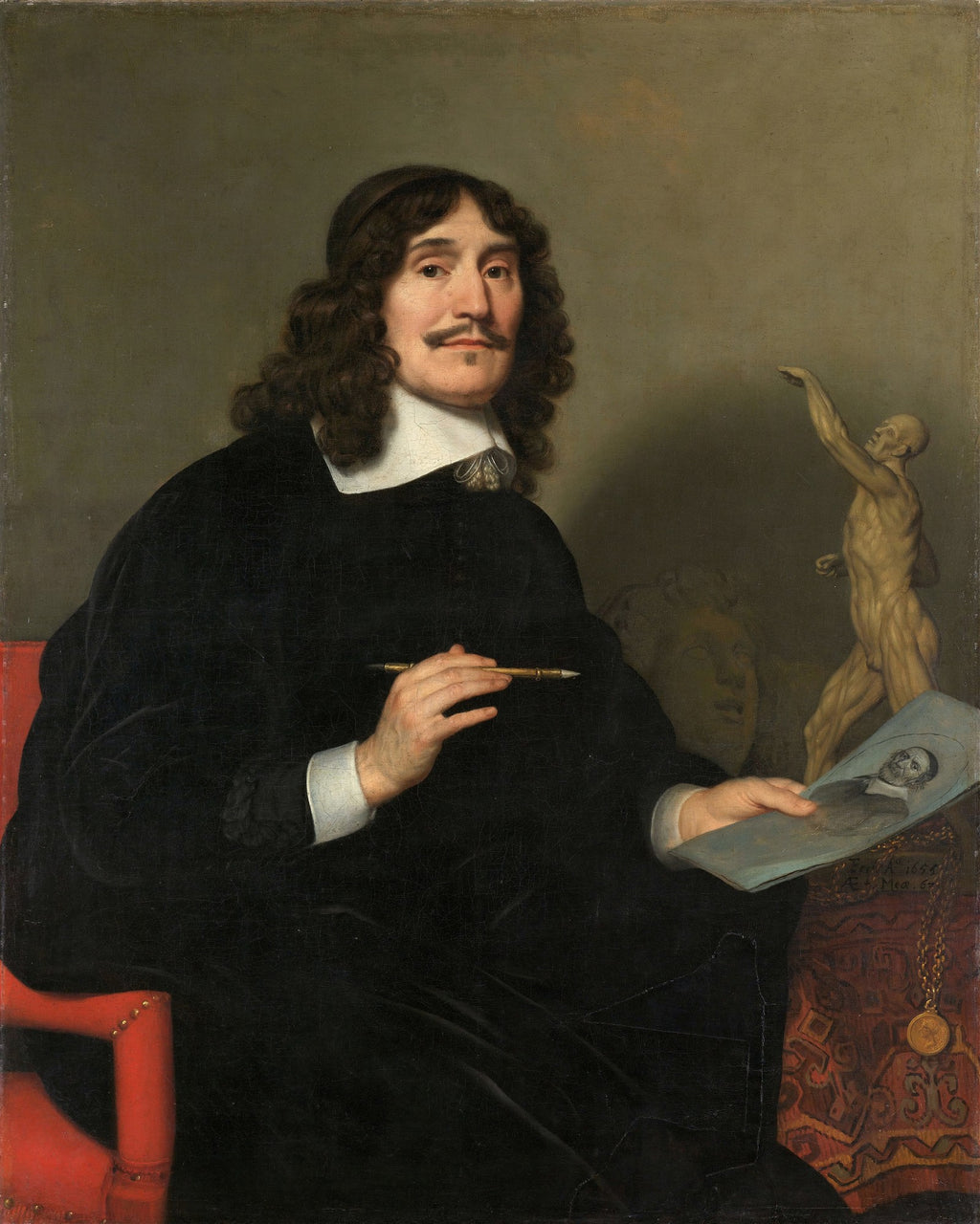 Retrato de um artista do século XVII, possivelmente Gerard van Honthorst, sentado, segurando um pincel e um esboço, com uma estátua e uma cabeça esculpida ao fundo. O artista tem cabelos longos e escuros, bigode e veste-se com roupas escuras e gola branca.
