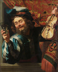 Retrato de um homem barbudo sorridente com chapéu de plumas, segurando uma taça e um violino, em estilo barroco de Gerard van Honthorst.