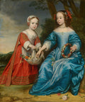 Quadro decorativo com duas meninas, uma mais velha de vestido azul segurando uma guirlanda de flores, e uma mais nova de vestido vermelho e touca branca, ambas colhendo flores em um cenário campestre com árvores e colinas ao fundo. A cena é iluminada por uma luz suave.