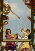 Quadro decorativo com cena de concerto musical em um balcão, com diversas figuras tocando instrumentos e cantando, incluindo um papagaio e um cachorro, em estilo barroco holandês de Gerard van Honthorst. Fundo de céu azul claro.