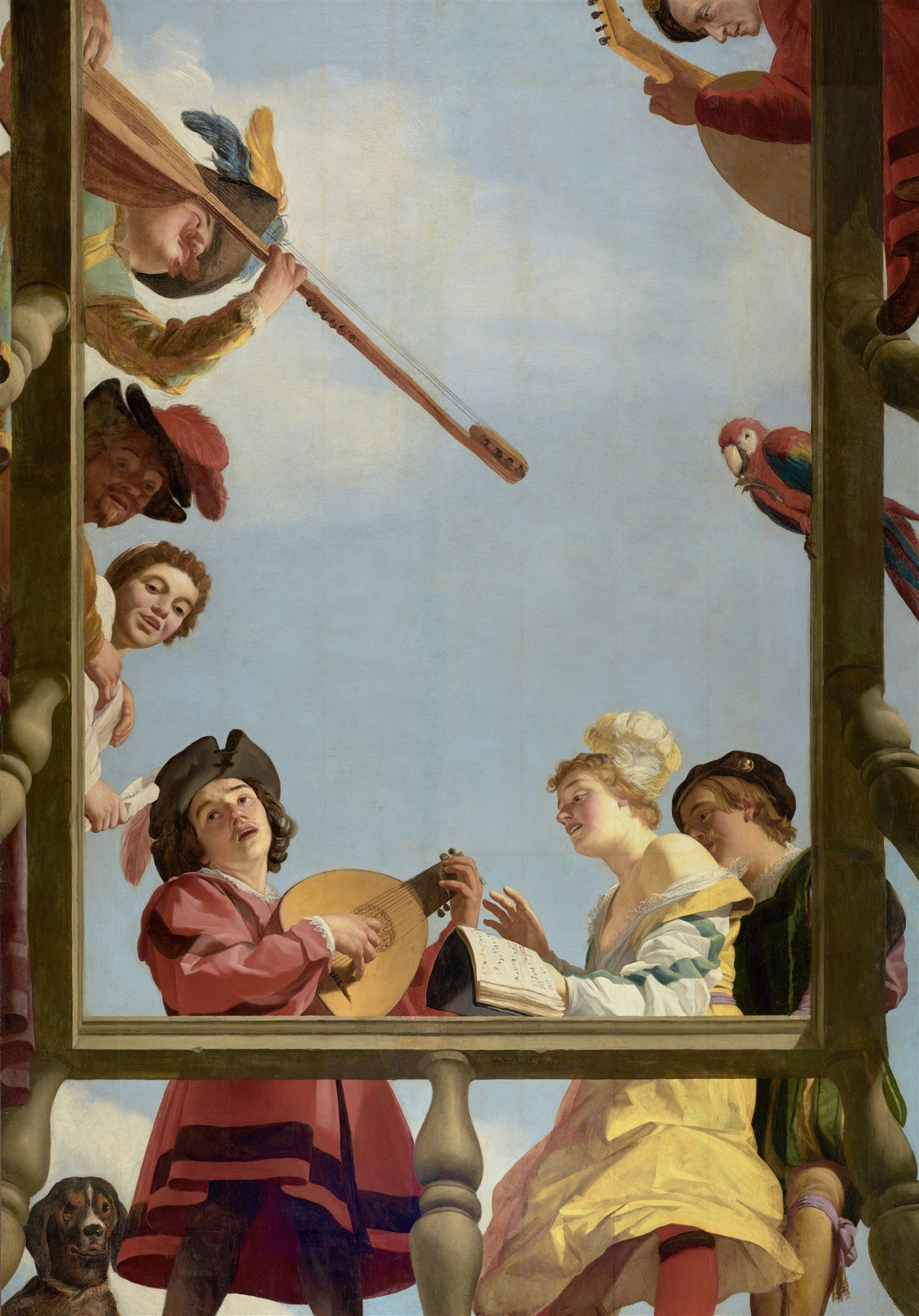 Quadro decorativo com cena de concerto musical em um balcão, com diversas figuras tocando instrumentos e cantando, incluindo um papagaio e um cachorro, em estilo barroco holandês de Gerard van Honthorst. Fundo de céu azul claro.