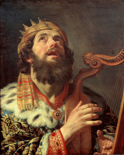 Quadro decorativo 'Rei Davi Tocando Harpa' de Gerard van Honthorst, com o Rei Davi de barba, coroa e vestes ricamente adornadas, olhando para cima com expressão devota enquanto toca uma harpa. A cena é iluminada dramaticamente, realçando a textura e os detalhes da vestimenta e do instrumento.