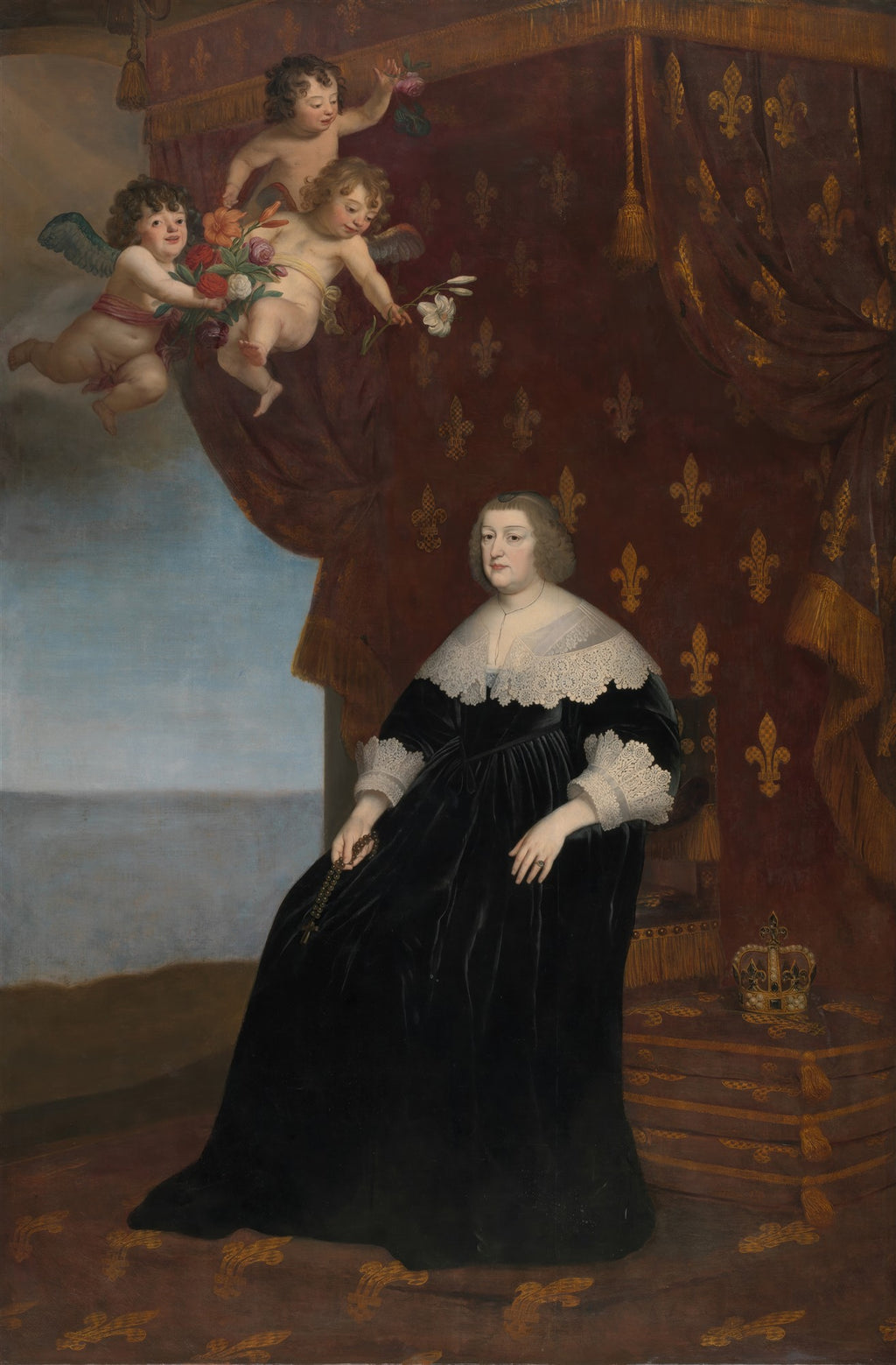 Retrato de Anne da Áustria, sentada em um trono, com vestido preto e renda branca, anjos com flores ao fundo. Obra de Gerard van Honthorst.
