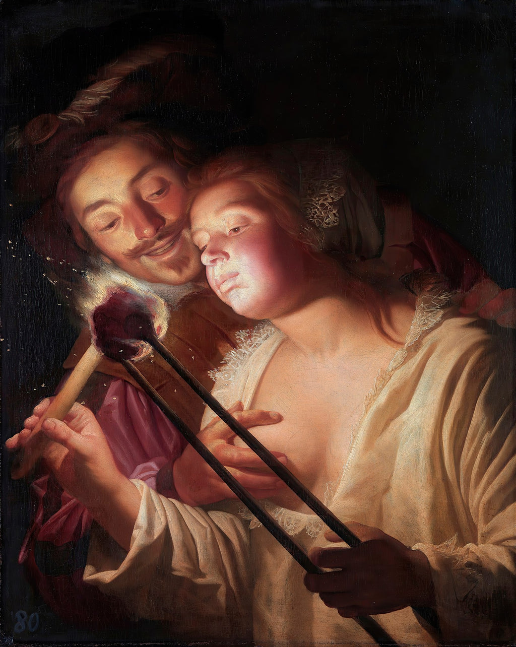 Casal iluminado por ferro em brasa, obra de Gerard van Honthorst, 'O Ferreiro'. Cena barroca dramática com foco na luz e expressão humana.