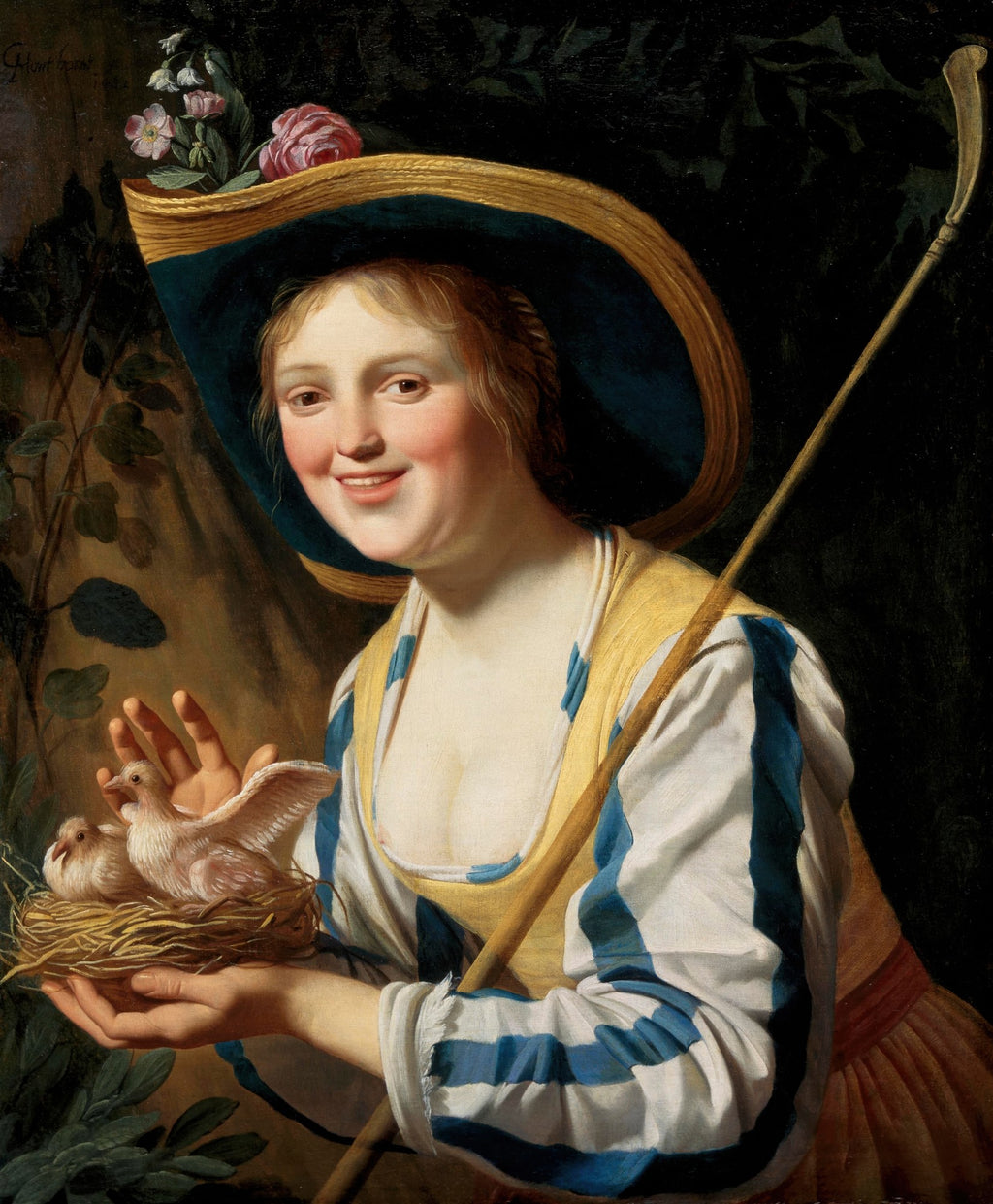 Retrato de uma jovem sorridente, com chapéu de palha e flores, segurando um ninho com dois filhotes de pássaro. A obra é de Gerard van Honthorst e representa uma pastora feliz em um ambiente campestre.