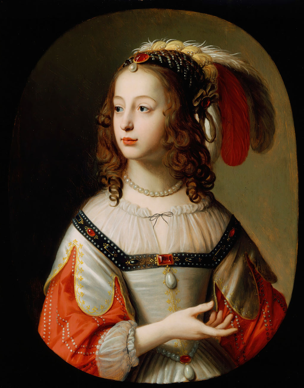 Retrato de jovem princesa com cabelos castanhos cacheados, vestindo um vestido branco e vermelho adornado com pérolas e joias, com um chapéu emplumado. Obra de Gerard van Honthorst.