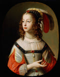 Retrato de jovem princesa com cabelos castanhos cacheados, vestindo um vestido branco e vermelho adornado com pérolas e joias, com um chapéu emplumado. Obra de Gerard van Honthorst.