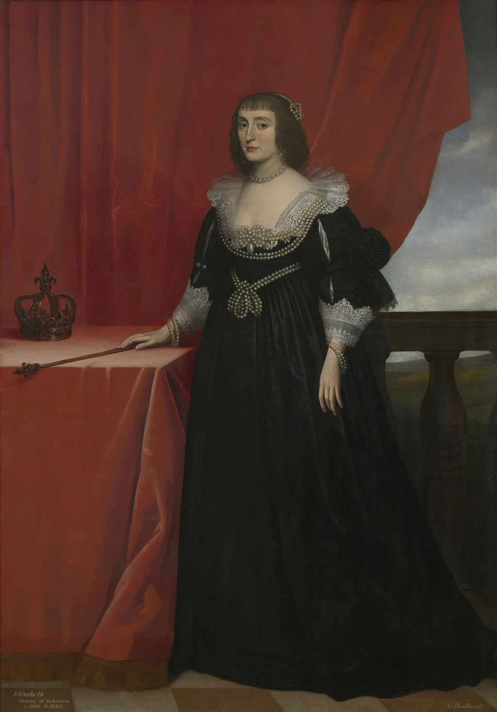 Retrato em óleo de Elizabeth, Rainha da Boêmia, por Gerard van Honthorst, com vestido preto, pérolas e coroa ao lado, em estilo barroco.