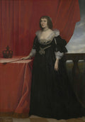 Retrato em óleo de Elizabeth, Rainha da Boêmia, por Gerard van Honthorst, com vestido preto, pérolas e coroa ao lado, em estilo barroco.