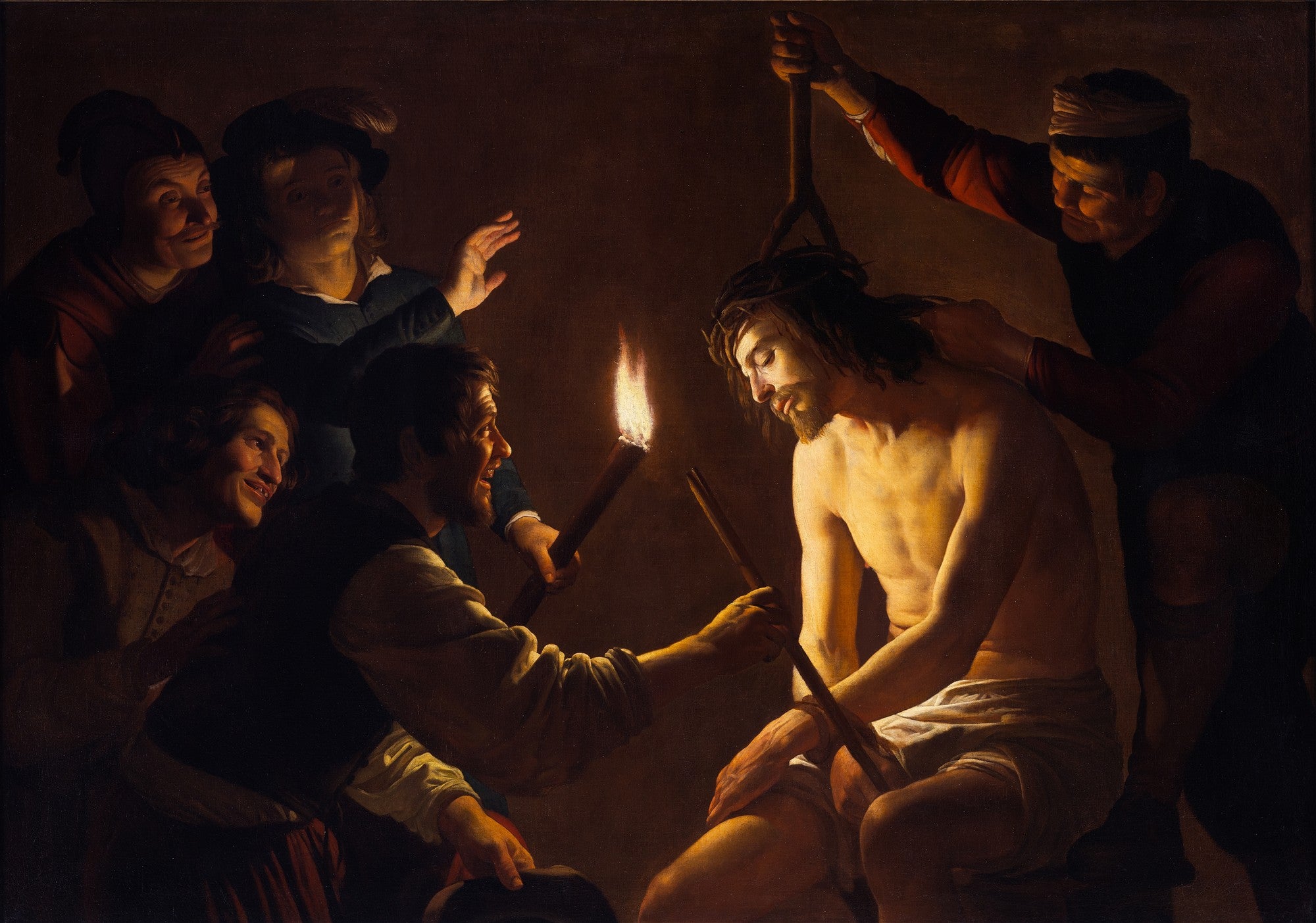 Quadro decorativo detalhado de Cristo coroado de espinhos por Gerard van Honthorst, com figuras ao redor iluminadas por uma tocha. A cena é dramática e tenebrista, com tons escuros predominantes e contrastes acentuados.