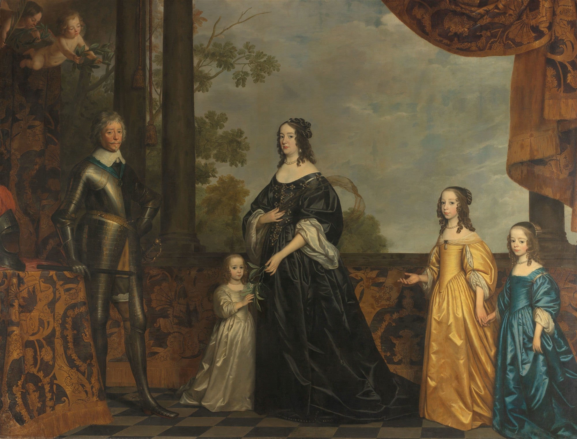 Retrato de família pintado por Gerard van Honthorst, mostrando um pai em armadura, uma mãe com vestido escuro e três filhos em roupas coloridas, em um cenário clássico com colunas e paisagem.