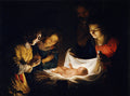 Quadro decorativo mostrando a obra 'A Adoração dos Pastores' de Gerard van Honthorst, com a Virgem Maria, São José, pastores e o Menino Jesus iluminados por uma luz central em um ambiente escuro.