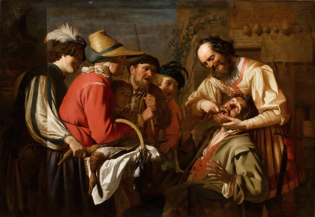 Quadro decorativo 'A Extração do Dente' de Gerard van Honthorst, cena barroca com dentista e paciente.