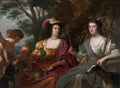 Pintura a óleo atribuída a Gerard van Honthorst, 'As Filhas de Themis', retratando duas mulheres elegantemente vestidas em um cenário campestre com cupidos e frutas, acompanhadas por cães, evocando a mitologia e a abundância do período Barroco. A mulher da esquerda veste um vestido dourado e manto roxo, segurando uvas, enquanto a da direita veste um vestido cinza claro, com um arco e flecha, ao lado de um galgo. Dois cupidos estão entre elas com cestas de frutas. A iluminação é sutil, com árvores e folhag
