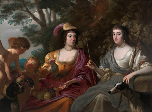 Pintura a óleo atribuída a Gerard van Honthorst, 'As Filhas de Themis', retratando duas mulheres elegantemente vestidas em um cenário campestre com cupidos e frutas, acompanhadas por cães, evocando a mitologia e a abundância do período Barroco. A mulher da esquerda veste um vestido dourado e manto roxo, segurando uvas, enquanto a da direita veste um vestido cinza claro, com um arco e flecha, ao lado de um galgo. Dois cupidos estão entre elas com cestas de frutas. A iluminação é sutil, com árvores e folhag