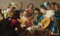 Grupo de músicos e cantores alegres em uma cena de gênero barroca, com instrumentos de corda e partituras, pintado por Gerard van Honthorst.