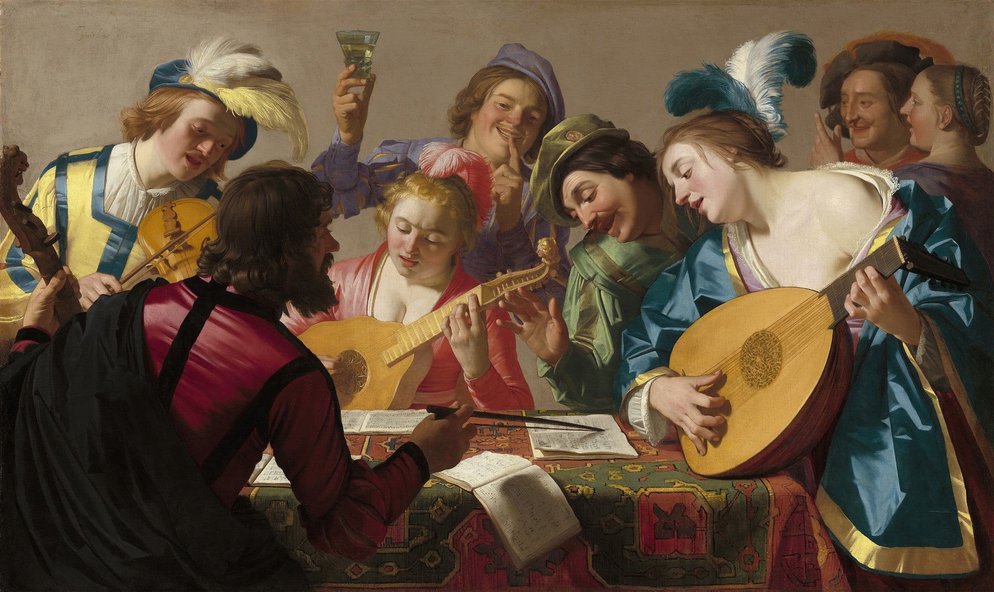 Grupo de músicos e cantores alegres em uma cena de gênero barroca, com instrumentos de corda e partituras, pintado por Gerard van Honthorst.