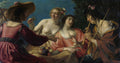 Quadro decorativo 'Concerto Campestre' de Gerard van Honthorst, mostrando quatro figuras em um ambiente campestre, com um tocador de flauta e frutas. Cores vibrantes e iluminação dramática.