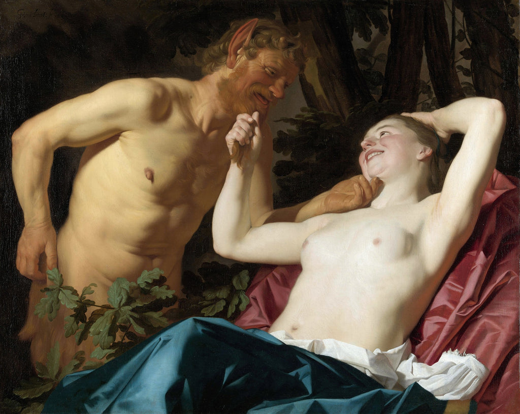 Quadro decorativo com a obra 'A Ninfa e o Sátiro' de Gerard van Honthorst, apresentando um sátiro sorridente e uma ninfa alegre em um cenário natural. Cores vibrantes e detalhes ricos.
