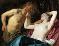 Quadro decorativo com a obra 'A Ninfa e o Sátiro' de Gerard van Honthorst, apresentando um sátiro sorridente e uma ninfa alegre em um cenário natural. Cores vibrantes e detalhes ricos.