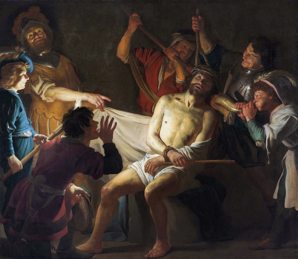 Quadro decorativo 'A Coroação de Espinhos' de Gerard van Honthorst, cena barroca com figuras em torno de Cristo, com forte contraste de luz e sombra.