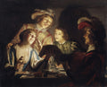 Quadro decorativo 'O Concerto' de Gerard van Honthorst, mostrando quatro figuras cantando e tocando alaúde em uma cena noturna iluminada por uma luz dramática. As pessoas estão sentadas ao redor de uma mesa com copos e pratos. O homem à direita toca um alaúde, uma mulher canta com as mãos levantadas e dois homens jovens observam e cantam.