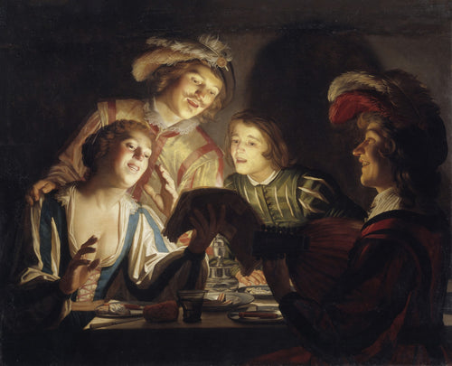 Quadro decorativo 'O Concerto' de Gerard van Honthorst, mostrando quatro figuras cantando e tocando alaúde em uma cena noturna iluminada por uma luz dramática. As pessoas estão sentadas ao redor de uma mesa com copos e pratos. O homem à direita toca um alaúde, uma mulher canta com as mãos levantadas e dois homens jovens observam e cantam.