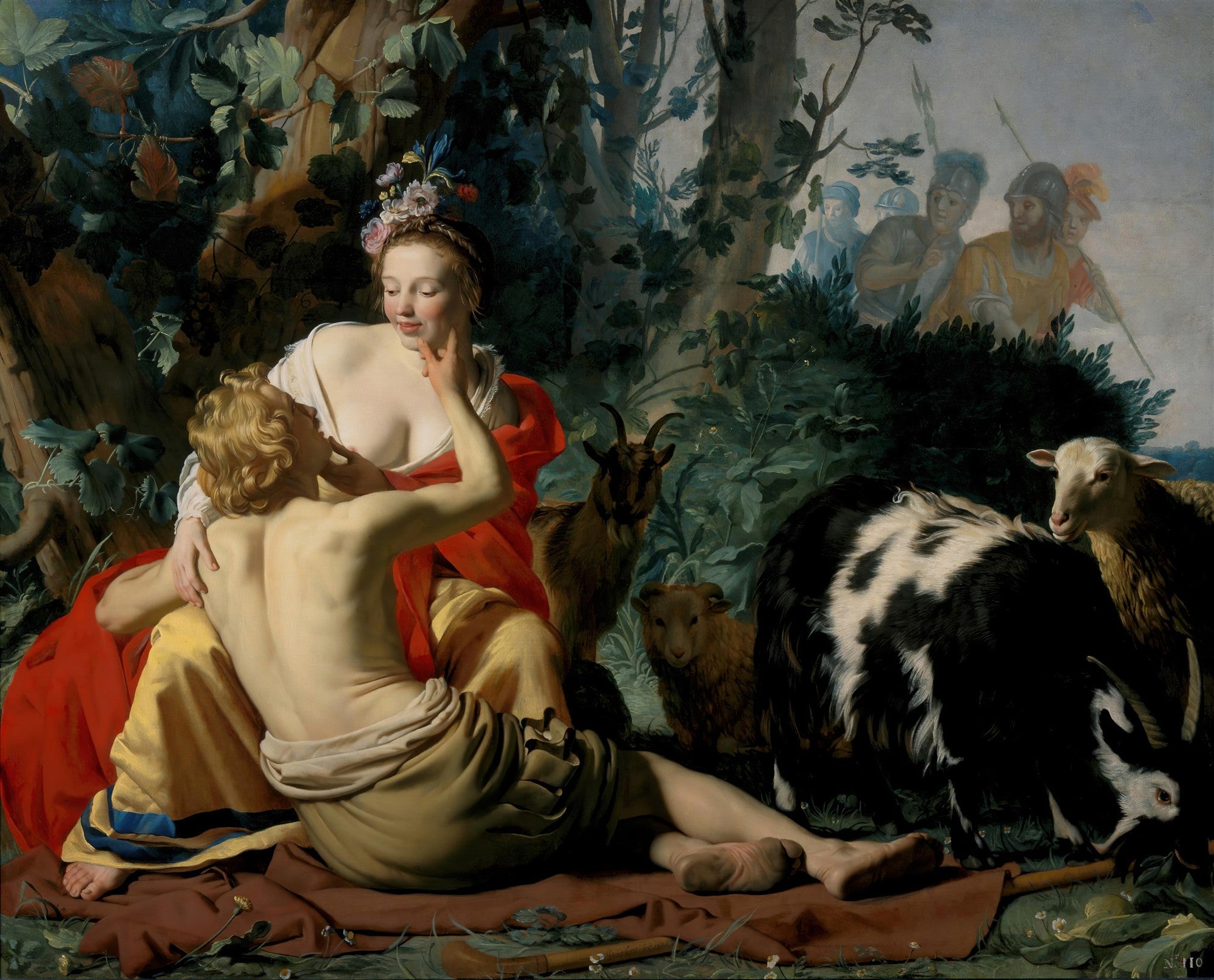Quadro decorativo com cena bucólica de Gerard van Honthorst, mostrando um jovem pastor sem camisa e uma pastora com flor no cabelo, sentados em um bosque com animais ao redor, enquanto figuras militares observam ao fundo. A luz incide sobre os amantes e os animais.