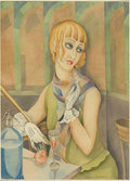 Quadro decorativo com aquarela de Gerda Wegener, retratando uma mulher loira de cabelos curtos, vestido verde e luvas brancas, sentada à mesa com um sifão de seltz e uma taça.