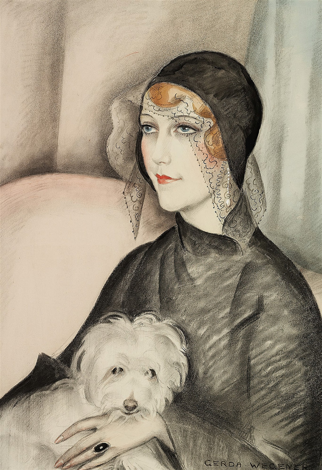 Retrato de mulher com chapéu preto e véu, segurando um cachorro branco. Estilo Art Déco, obra de Gerda Wegener.