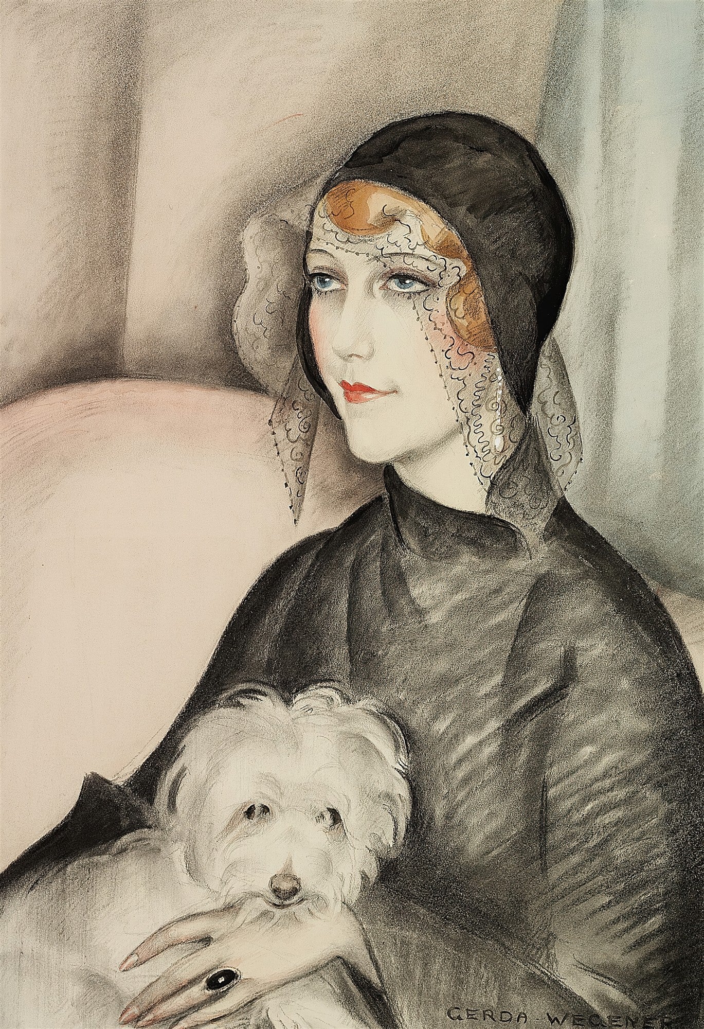 Retrato de mulher com chapéu preto e véu, segurando um cachorro branco. Estilo Art Déco, obra de Gerda Wegener.