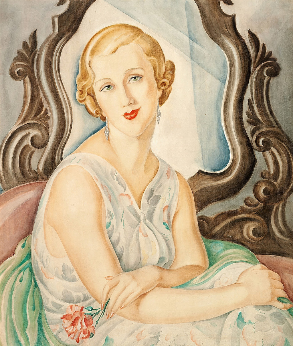 Retrato em aquarela de uma mulher loira e elegante com lábios vermelhos e brincos, sentada em frente a um espelho ornamentado, atribuído a Gerda Wegener.
