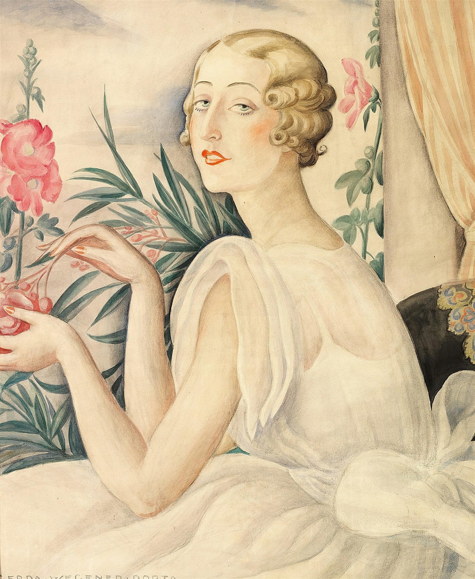 Retrato de uma mulher loira com cachos curtos, lábios vermelhos e maquiagem rosada nas bochechas, vestindo um vestido branco esvoaçante. Ela está sentada em meio a folhagens verdes e flores cor-de-rosa, com as mãos delicadamente repousadas. A imagem é uma aquarela no estilo Art Deco.