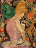 Quadro decorativo com uma pintura de Gerda Wegener, 'A Mulher e o Papagaio', datada de 1920. A imagem mostra uma mulher de perfil, cabelos loiros em um penteado alto e um chapéu verde volumoso, vestindo um vestido rosa e branco. Ela acaricia um papagaio colorido em seu ombro esquerdo. O fundo é ricamente decorado com folhagens e flores em tons terrosos e vermelhos.