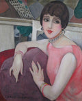 Retrato de uma mulher com cabelo curto, vestido rosa, colar de perolas e aneis, atribuido a Gerda Wegener, estilo Art Deco.