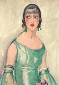 Retrato de uma mulher com cabelo escuro estilo bob, maquiagem marcante e batom vermelho, usando um vestido verde esmeralda, brincos longos verdes e um colar de pérolas, em estilo Art Déco, assinado Gerda Wegener.