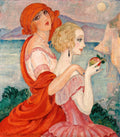 Pintura de Gerda Wegener, retratando duas mulheres em uma paisagem. Uma veste vermelho e olha para frente, a outra veste rosa e segura uma maçã, com fundo de mar e montanhas.
